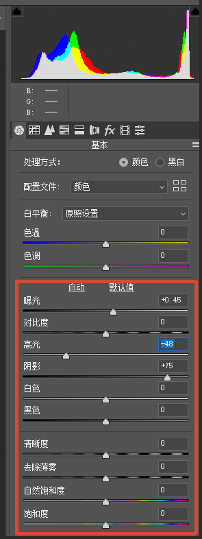 Camera Raw 滤镜调整面板，窗口展示窗边逆光人像，右侧基本参数栏调整曝光、高光、阴影等滑块，降低高光、提升阴影，修复逆光人脸发黑问题。