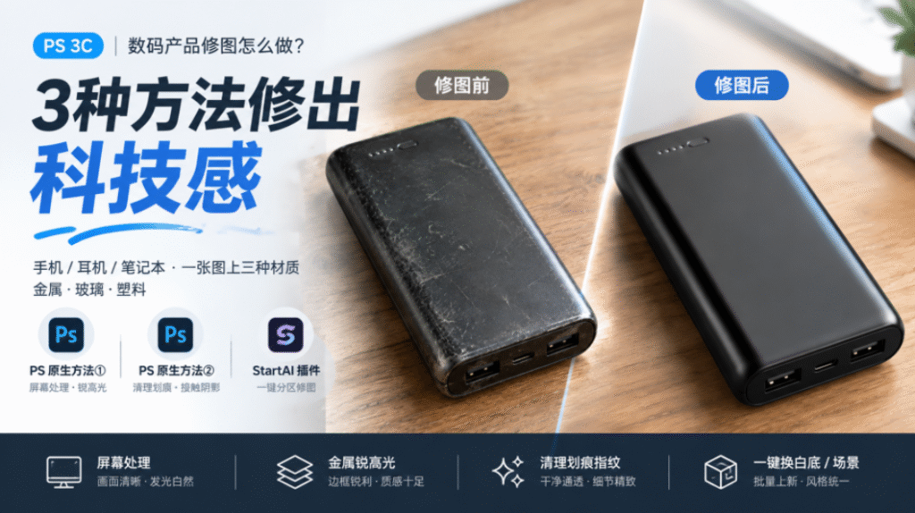 PS 数码产品修图教程封面图，左右对比充电宝修图前、修图后效果，标题为 3 种方法修出科技感，分别标注两种 PS 原生修图方法、StartAI 插件方案，适合手机、耳机等金属玻璃塑料材质数码产品电商精修教学。