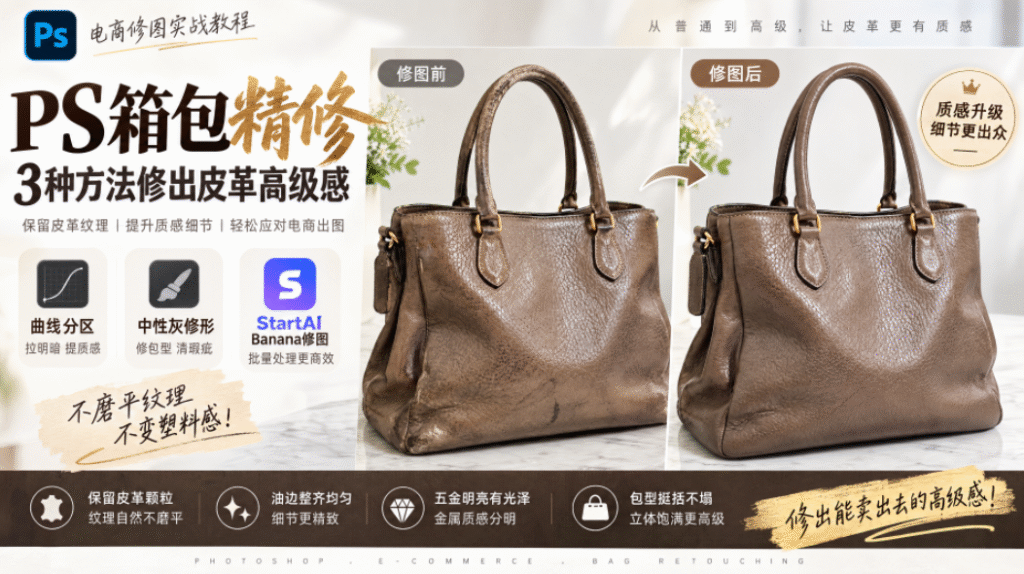 PS 箱包精修教程封面图，左右对比皮包修图前和修图后效果，标题为 3 种方法修出皮革高级感，分别标注曲线分区、中性灰修形、StartAI Banana 修图三种方案，强调保留皮革纹理，适合电商包包产品后期教学。