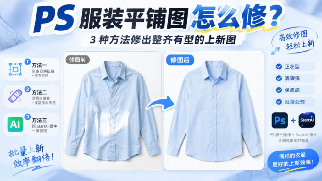 PS 服装平铺修图教程封面图，标题为 PS 服装平铺图怎么修，展示浅蓝色衬衫修前修后对比，介绍三种修图方法：自由变换扭曲、修复画笔清瑕疵、StartAI 插件一键修图，标注正衣型、清瑕疵、保质感、批量处理等优势，搭配 PS+StartAI 标识，适合电商服装上新教程。