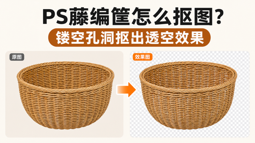 PS藤编筐怎么抠图?镂空孔洞抠出透空效果