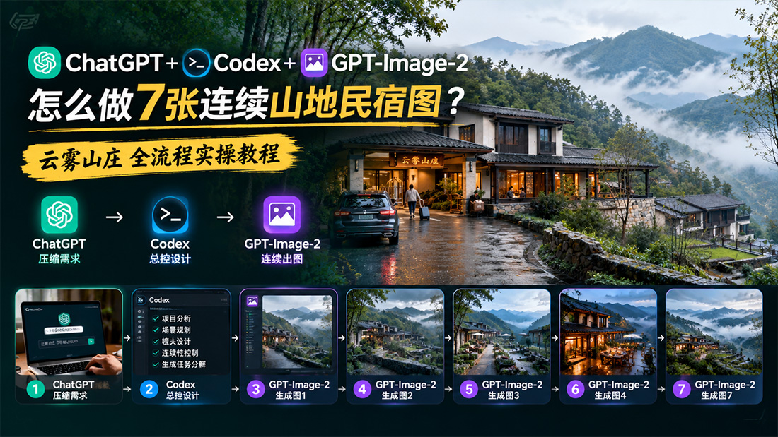 ChatGPT+Codex+GPT-Image-2怎么做7张连续山地民宿图？云雾山庄全流程实操教程