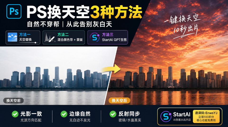 PS 换天空教程封面图，标题 PS 换天空 3 种方法，展示城市建筑换天空前后对比，介绍天空替换、混合颜色带 + 蒙版、StartAI GPT 生图三种方案，强调光影一致、边缘自然、水面反射同步