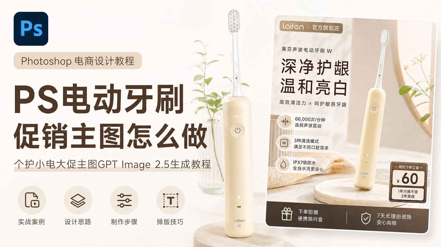 PS电动牙刷促销主图怎么做？个护小电大促主图GPT Image 2.5生成教程