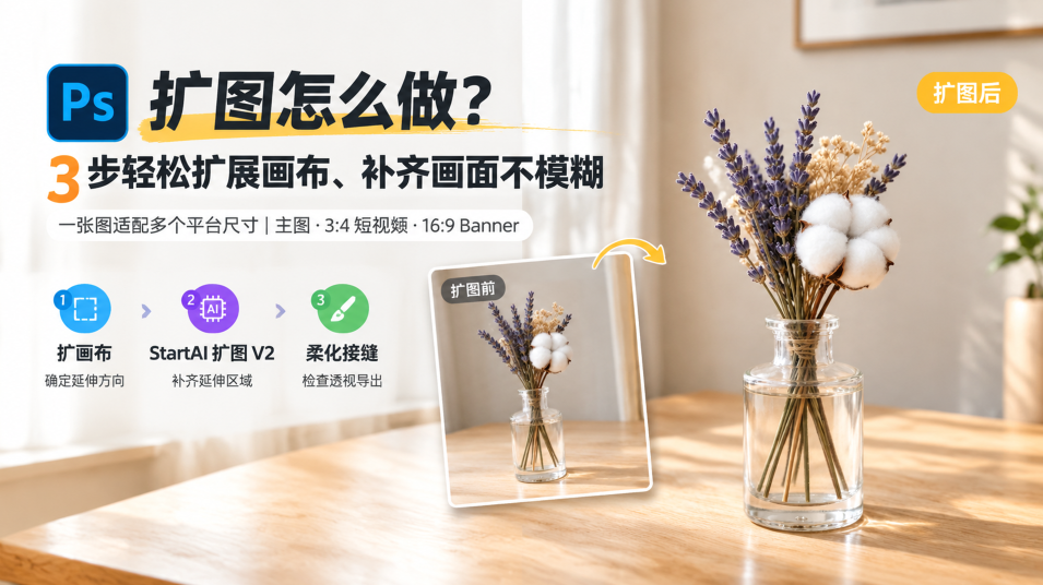 PS 扩图教程封面图，标题扩图怎么做，展示干花玻璃瓶扩图前后对比，三步流程：扩画布、StartAI 扩图 V2、柔化接缝，适配主图、短视频、banner 多尺寸