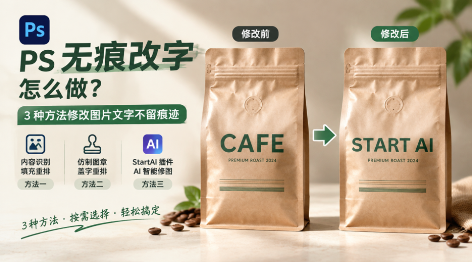 PS 无痕改字教程封面图，左右展示咖啡袋修改前 CAFE、修改后 START AI 对比，列出三种方法：内容识别填充、仿制图章、StartAI 插件