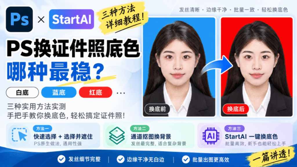 PS×StartAI 证件照换底色教程封面图,标题为 PS 换证件照底色哪种最稳,展示蓝底换红底人像对比图,介绍三种换底方法:快速选择 + 选择并遮住、通道抠图换背景、StartAI 一键换底色,标注发丝清晰、边缘干净、批量高效等优势,白底蓝底红底标签。