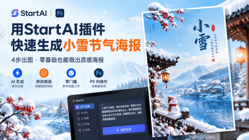 StartAI PS 插件小雪节气教程封面图，浅蓝色雪景背景，左侧大标题 “用 StartAI 插件快速生成小雪节气海报”，副标题标注 4 步出图、零基础可用；下方配有四个功能图标：AI 生成、原创画面、零门槛、PS 内操作；画面右侧展示国风小雪竖版海报成品，下方展示 StartAI 插件 GPT 生图功能面板，面板内有小雪海报提示词与立即生成按钮，整体是 AI 节气海报制作教程宣传图。