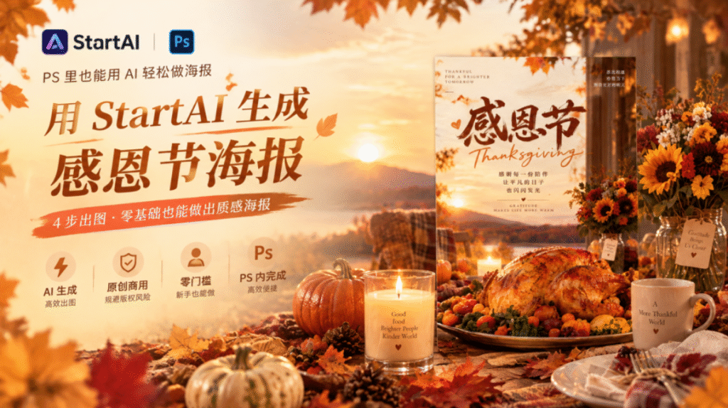 StartAI PS 插件感恩节海报教程封面图,暖调秋日黄昏背景,散落枫叶、南瓜、松果与感恩节大餐静物;左上角放置 StartAI 和 PS 标识,主标题 “用 StartAI 生成感恩节海报”,副标题标注 4 步出图、零基础也能做出质感海报;下方四个图标分别代表 AI 生成高效出图、原创商用规避版权风险、零门槛新手可操作、PS 内完成高效便捷;画面右侧展示竖版感恩节成品海报,海报带有感恩节书法标题、烤火鸡、向日葵花束与落日风景,是 AI 节日海报制作教程宣传主图。