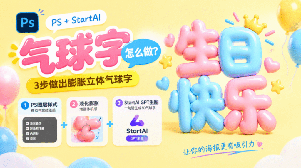 PS 气球字教程封面图，浅黄可爱气球背景，标题 “气球字怎么做？3 步做出膨胀立体气球字”，展示粉蓝 3D 生日快乐气球字成品；分三点介绍制作方案：PS 图层样式、液化膨胀、StartAI GPT 生图，底部文案：让你的海报更有吸引力。