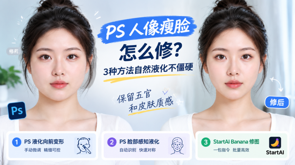 PS 人像瘦脸教程封面图，浅淡干净背景，左右并排展示丸子头女生人像修前、修后对比图；主标题：PS 人像瘦脸怎么修？副标题：3 种方法自然液化不僵硬，标注要点保留五官和皮肤质感；底部依次列出三种修图方案：PS 液化向前变形（手动微调精细可控）、PS 脸部感知液化（自动识别快速对称）、StartAI Banana 修图（一包指令批量高效）。