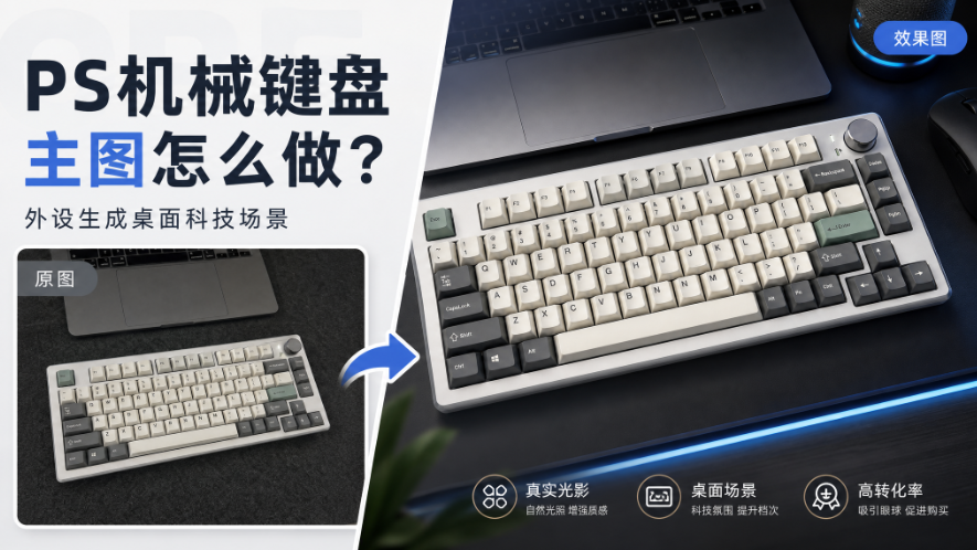 PS机械键盘主图怎么做？外设生成桌面科技场景