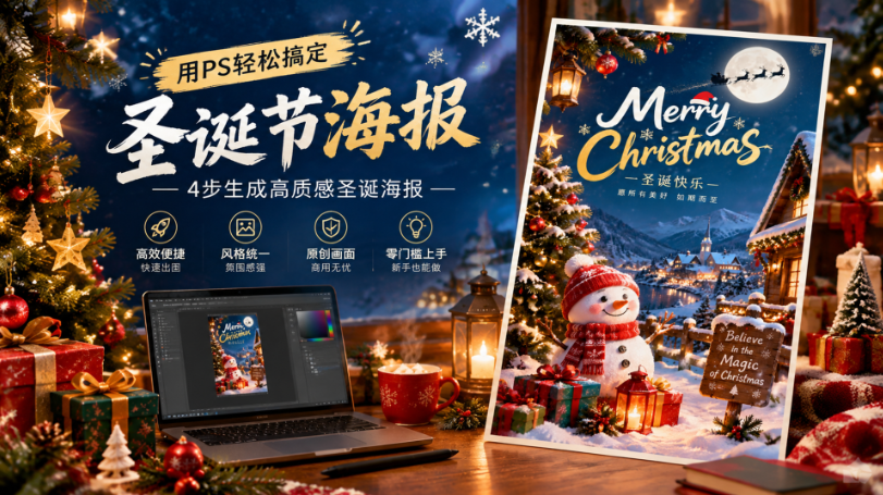 PS 圣诞节海报教程封面图，圣诞暖调氛围感背景，点缀圣诞树、礼物盒与暖灯；主标题：用 PS 轻松搞定圣诞节海报，副标题：4 步生成高质感圣诞海报；标注 4 个优势标签：高效便捷快速出图、风格统一氛围感强、原创画面商用无忧、零门槛上手新手也能做；画面右侧展示成品圣诞竖版海报，左侧笔记本电脑屏幕显示 PS 内海报编辑界面。