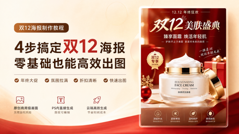 双 12 海报制作教程封面图，暖浅米色柔和背景，主标题 4 步搞定双 12 海报，副标题零基础也能高效出图；标注优势标签：年终大促、氛围拉满、折扣清晰、快速出图，下方三个亮点：原创商用级画面无版权风险、PS 内直接生成图层可编辑、云端高效生成节省时间成本；右侧展示红金大促风格成品面霜电商海报，主题双 12 美肤盛典，带有产品卖点和促销元素。