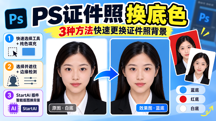 PS 证件照换底色教程封面图，浅蓝色渐变背景，主标题 PS 证件照换底色，副标题标注 3 种方法快速更换证件照背景；中间放白底原图和蓝底效果图对比，蓝色箭头指向效果；左侧依次列出三种方案：快速选择工具 + 纯色填充、选择并遮住 + 边缘检测、StartAI 插件智能抠图换背景；右侧展示红底、白底、蓝底三种证件照样片与底色色卡，适合新手学习证件照抠图换背景。