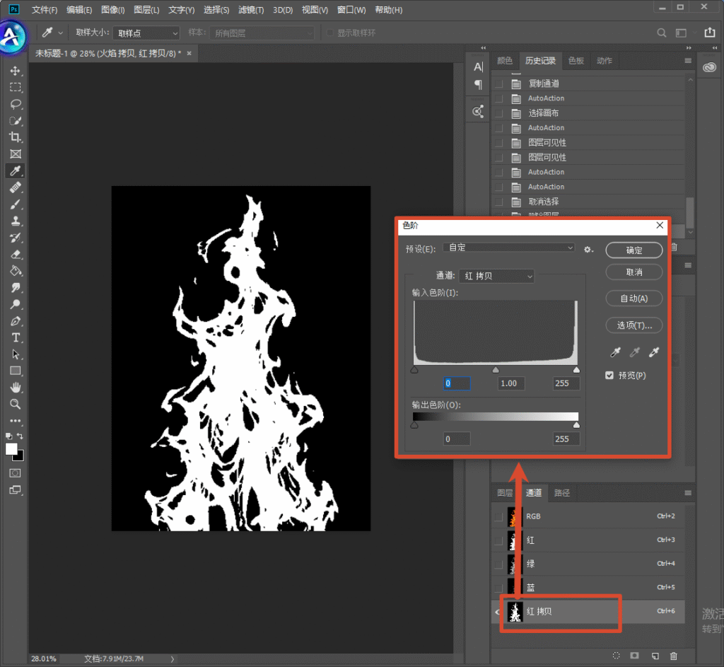 Photoshop 操作界面，选中红拷贝通道，弹出色阶调整窗口，红框标注色阶参数面板，调整黑白对比强化火焰选区，演示通道抠图利用色阶提取火焰。
