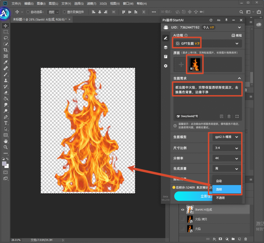 Photoshop 界面，右侧 StartAI 插件 GPT 生图 V3 面板，上传火焰原图，提示词要求抠出火焰、保留透明渐变层次、去除黑色背景；红框标注模型、分辨率、透明输出设置，画布预览透明底火焰，演示 AI 一键抠火焰。