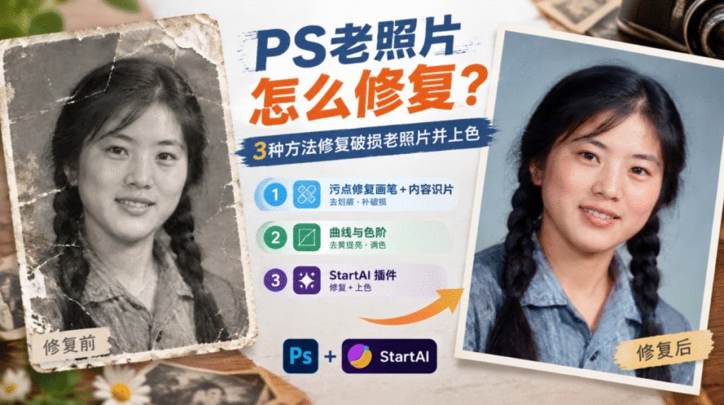 PS 老照片修复教程封面图,复古桌面背景,主标题 PS 老照片怎么修复?副标题 3 种方法修复破损老照片并上色;左右放置修复前破损黑白照片、修复后彩色清晰人像对比;依次列出三种方案:污点修复画笔 + 内容识别片、曲线与色阶调色、StartAI 插件一键修复上色,底部带有 PS 和 StartAI 标识。