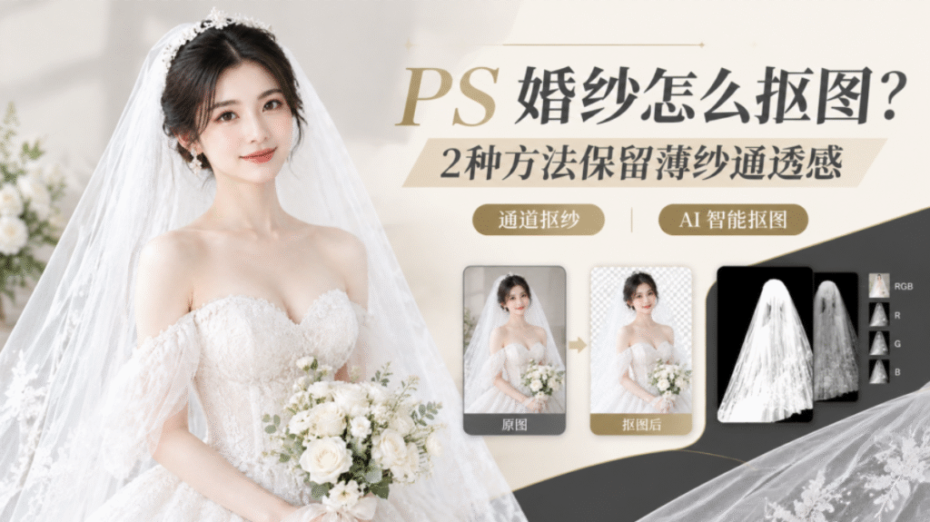 PS 婚纱抠图教程封面图,浅米色温柔风格,标题 PS 婚纱怎么抠图?副标题 2 种方法保留薄纱通透感;展示原图、抠图后对比小样,分别标注通道抠纱、AI 智能抠图两种方案,附带通道面板示意图。