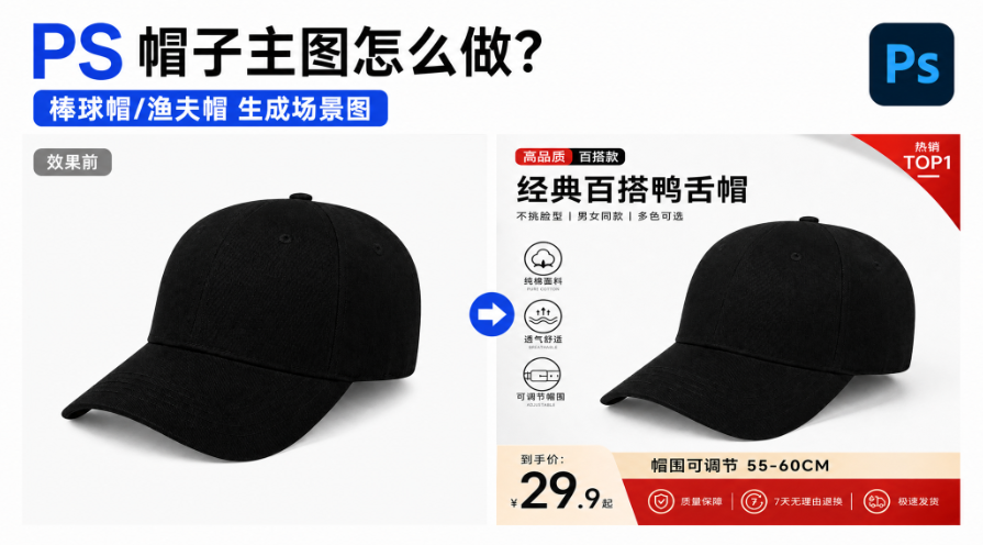 PS帽子主图怎么做？棒球帽渔夫帽生成场景图
