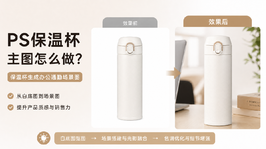 PS保温杯主图怎么做?保温杯生成办公通勤场景图