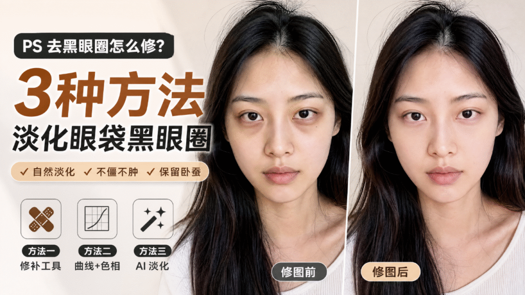 PS 淡化黑眼圈教程封面图,浅米色简约风格,标题 PS 去黑眼圈怎么修?3 种方法淡化眼袋黑眼圈;展示修图前后人像对比,标注三种方案:修补工具、曲线 + 色相、AI 淡化,标注优势自然淡化、不僵不肿、保留卧蚕。
