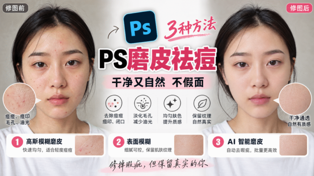 PS 磨皮祛痘教程封面图，左右对比修图前和修图后人像，展示痘痘痘印、毛孔油光改善效果；标注 3 种方法：高斯模糊磨皮、表面模糊、AI 智能磨皮，主打干净自然不假面，保留皮肤纹理。
