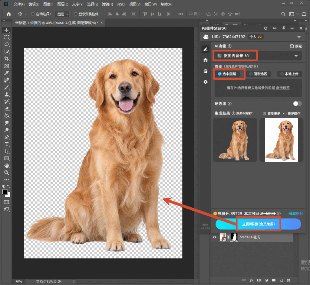 Photoshop StartAI 插件界面，选择抠图去背景 V1 功能，选中图层模式，金毛犬图片已经抠好，背景变成透明棋盘格，点击立即移除按钮，演示 AI 一键动物毛发抠图。