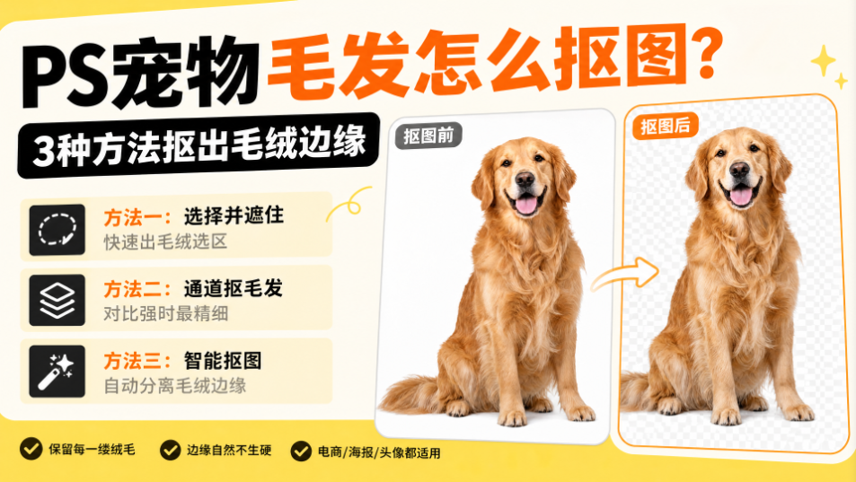 PS 宠物毛发抠图教程封面图，标题 PS 宠物毛发怎么抠图，展示金毛犬抠图前和抠图后的对比，列出 3 种抠图方法：选择并遮住、通道抠毛发、智能抠图，特点是保留绒毛、边缘自然，适合电商海报头像使用。