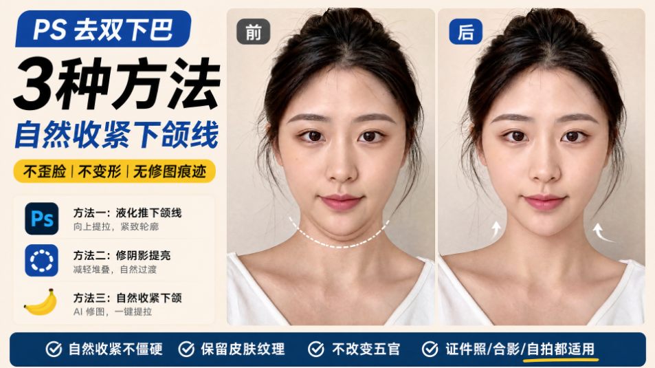 PS 去双下巴教程封面图，标题 PS 去双下巴 3 种方法，左右对比人像修图前后效果，分别是液化推下颌线、修阴影提亮、AI 香蕉修图，特点不变形、保留皮肤纹理，适合证件照自拍合影。
