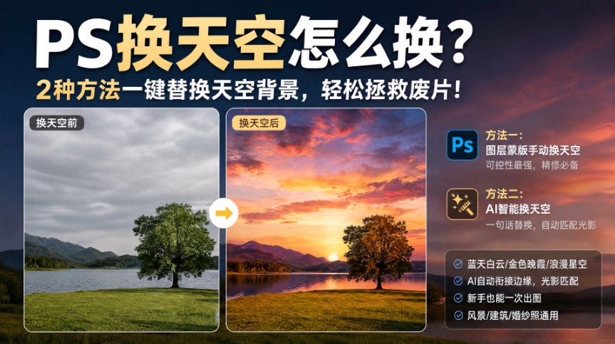 PS 换天空教程封面图,标题 PS 换天空怎么换,展示两种换天空方法,左侧原图灰暗阴天风景,右侧替换为橙红色晚霞效果;方法一图层蒙版手动换天空,可控性强适合精修;方法二 AI 智能换天空,输入提示词一键替换、自动匹配光影,支持晚霞星空等多种天空,风景建筑婚纱图都适用。