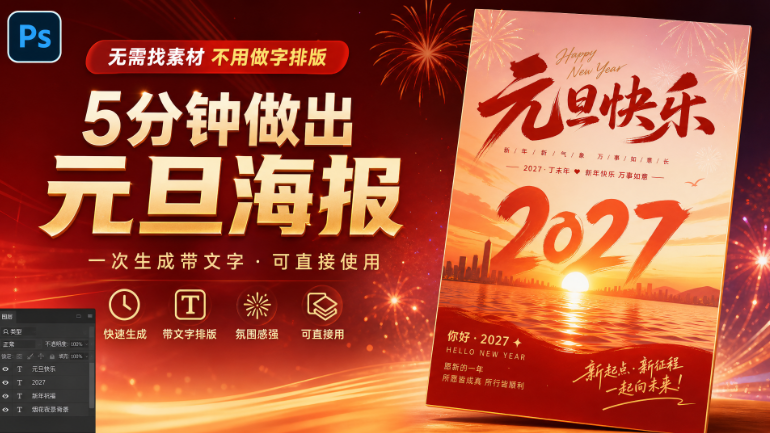 PS 元旦海报教程封面图,红金烟花喜庆背景,主标题 5 分钟做出元旦海报,标语无需找素材、不用做字排版,一次生成带文字可直接使用;右侧展示成品竖版元旦海报,日出城市湖面背景,搭配书法字体元旦快乐和 2027,卖点包含快速生成、自带文字排版、氛围感强、到手即用。