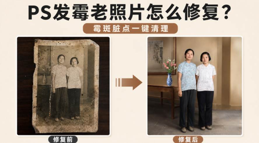 PS发霉老照片怎么修复？霉斑脏点一键清理