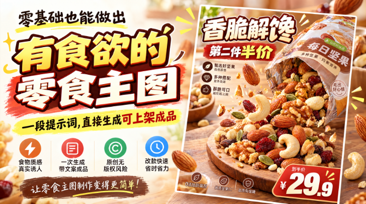 PS StartAI 插件教程封面图，大字标题：零基础也能做出有食欲的零食主图，副标题：一段提示词，直接生成可上架成品；右侧展示成品每日坚果主图，下方四个图标标注优势：食物质感真实诱人、一次生成带文案成品、原创无版权风险、改款快速省时省力，适合电商零食主图 AI 生成教程。