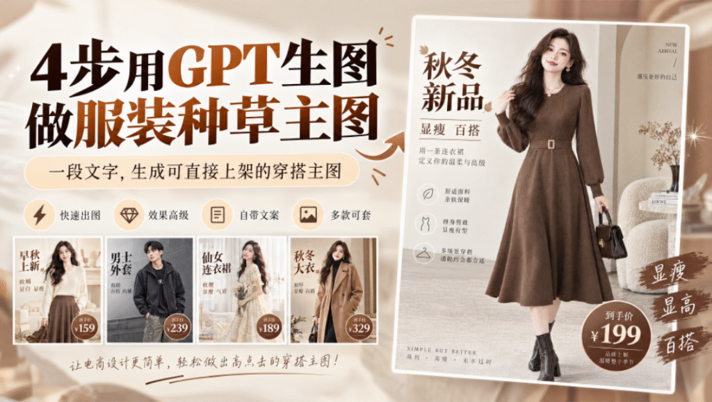PS StartAI 插件服装主图教程封面，主标题 4 步用 GPT 生图做服装种草主图，副标题一段文字，生成可直接上架的穿搭主图；右侧展示咖色针织连衣裙秋冬新品成品主图，左侧 4 个图标标注优势：快速出图、效果高级、自带文案、多款可套；下方附带早秋上衣、男士外套、仙女连衣裙、秋冬大衣小样案例，适合电商女装 AI 主图制作教程。