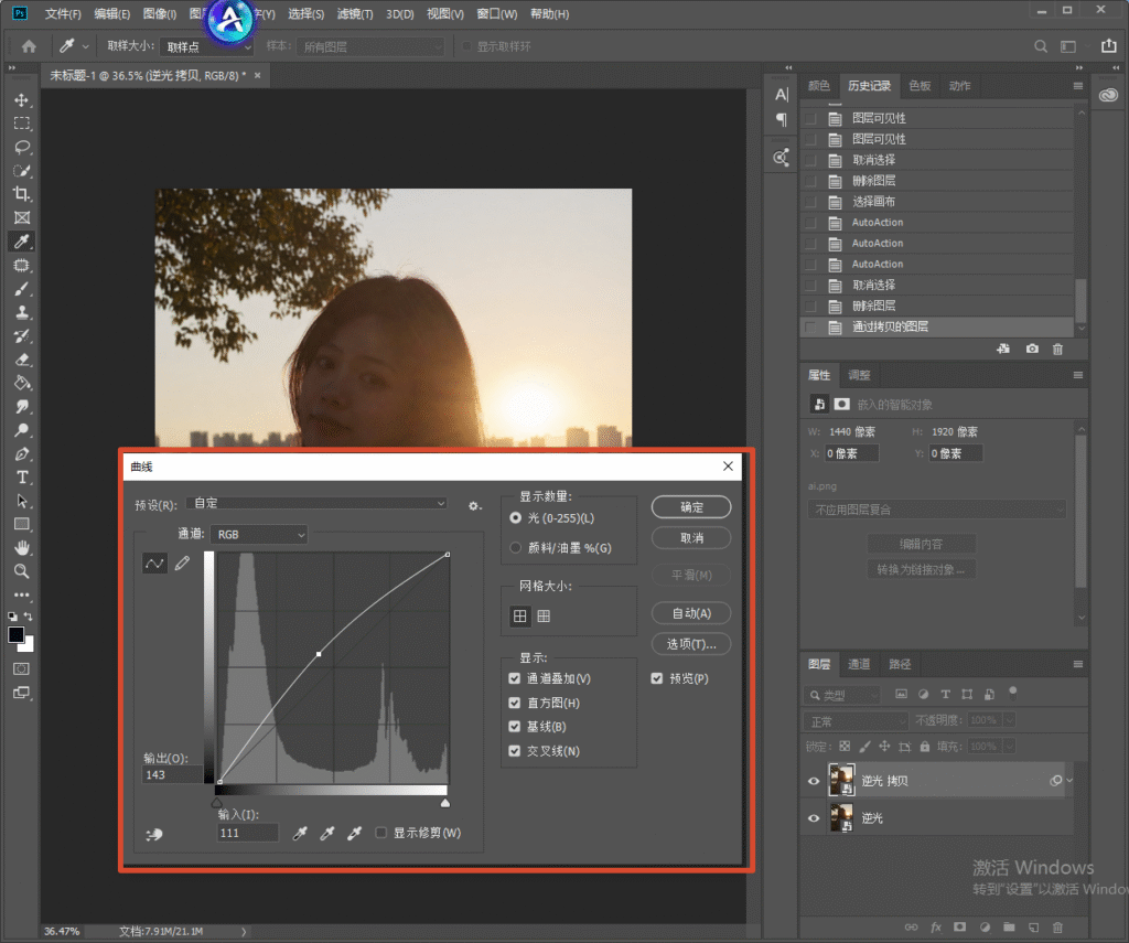Photoshop 曲线调整弹窗，红框圈出曲线面板，向上拉动 RGB 曲线提亮画面，微调逆光人像明暗层次，优化面部光影。