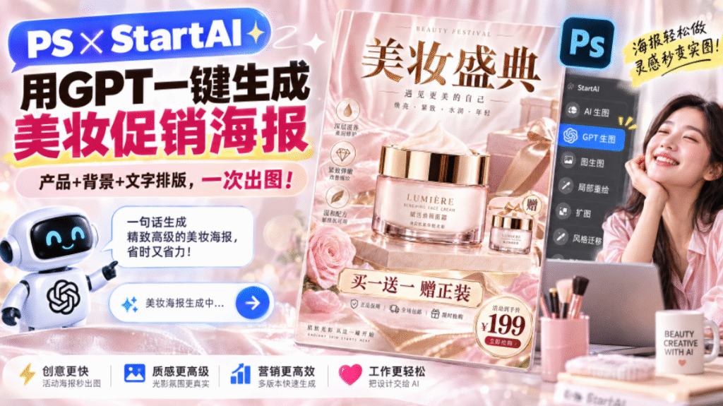 PS×StartAI 美妆海报教程封面图，主标题 “用 GPT 一键生成美妆促销海报，产品 + 背景 + 文字排版，一次出图”，右侧展示成品竖版美妆盛典面霜促销海报，搭配 StartAI 插件功能面板示意、人物与美妆工具元素；左侧 AI 机器人对话框标注一句话生成高级美妆海报，底部标注四大优势：创意更快、质感更高级、营销更高效、工作更轻松，适合抖音 AI 设计教程封面。