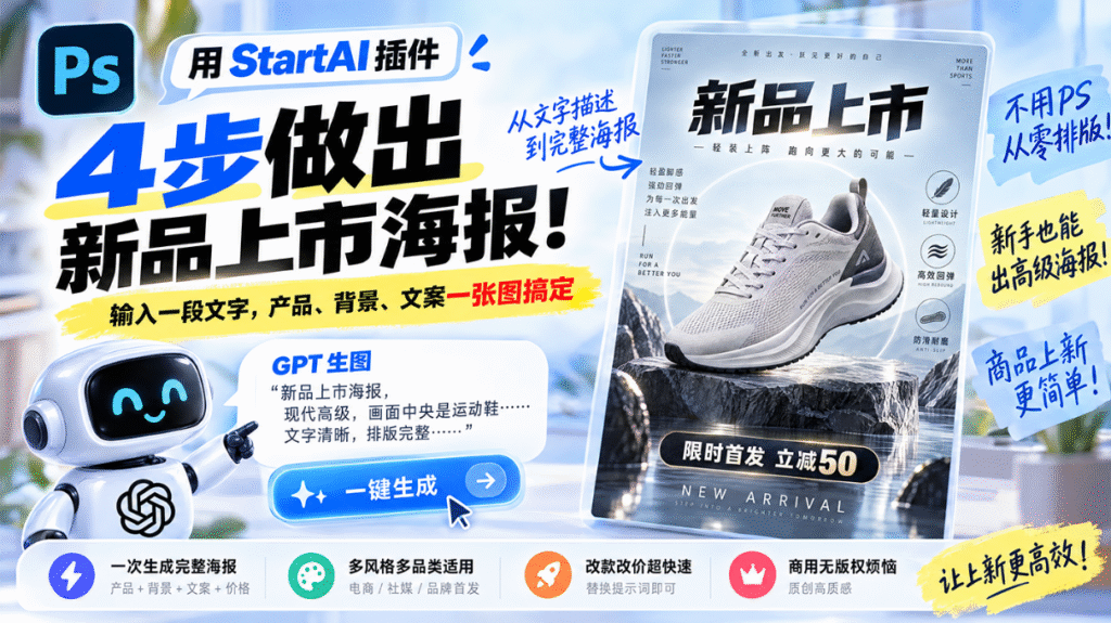 PS+StartAI 插件教程封面图，主标题 “用 StartAI 插件，4 步做出新品上市海报”，副标题输入一段文字，产品、背景、文案一张图搞定；右侧展示运动鞋新品上市成品海报，左侧 AI 机器人示意 GPT 生图提示词，底部标注四大优势：一次生成完整海报、多风格多品类适用、改款改价超快、商用无版权烦恼，适合电商 AI 设计短视频封面。