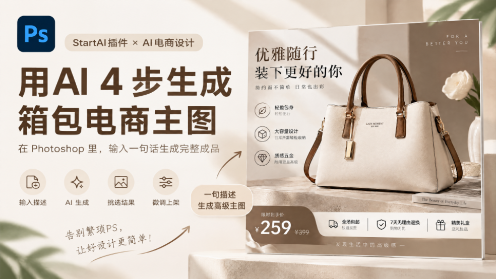 PS StartAI 插件教程封面图，浅调高级简约背景，主标题 “PS 一键生成珠宝主图”，四个功能图标：AI 生图、质感高级、完整排版、高效出图；右侧展示钻石项链成品主图，附带材质、礼盒等卖点，介绍输入文字即可产出可直接上架的高品质珠宝电商图。