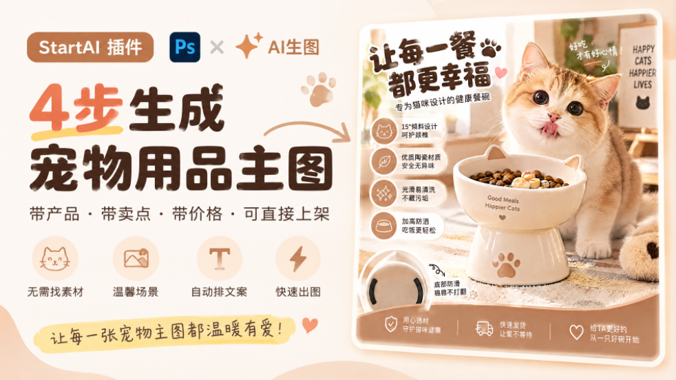 PS StartAI 插件教程封面图，暖米色可爱宠物风，主标题 “4 步生成宠物用品主图”，标注四大优势：无需找素材、温馨场景、自动排文案、快速出图；右侧展示陶瓷猫碗电商主图成品，包含橘猫、产品卖点、售后模块，文案说明生成的图自带产品、卖点、价格，可直接上架。