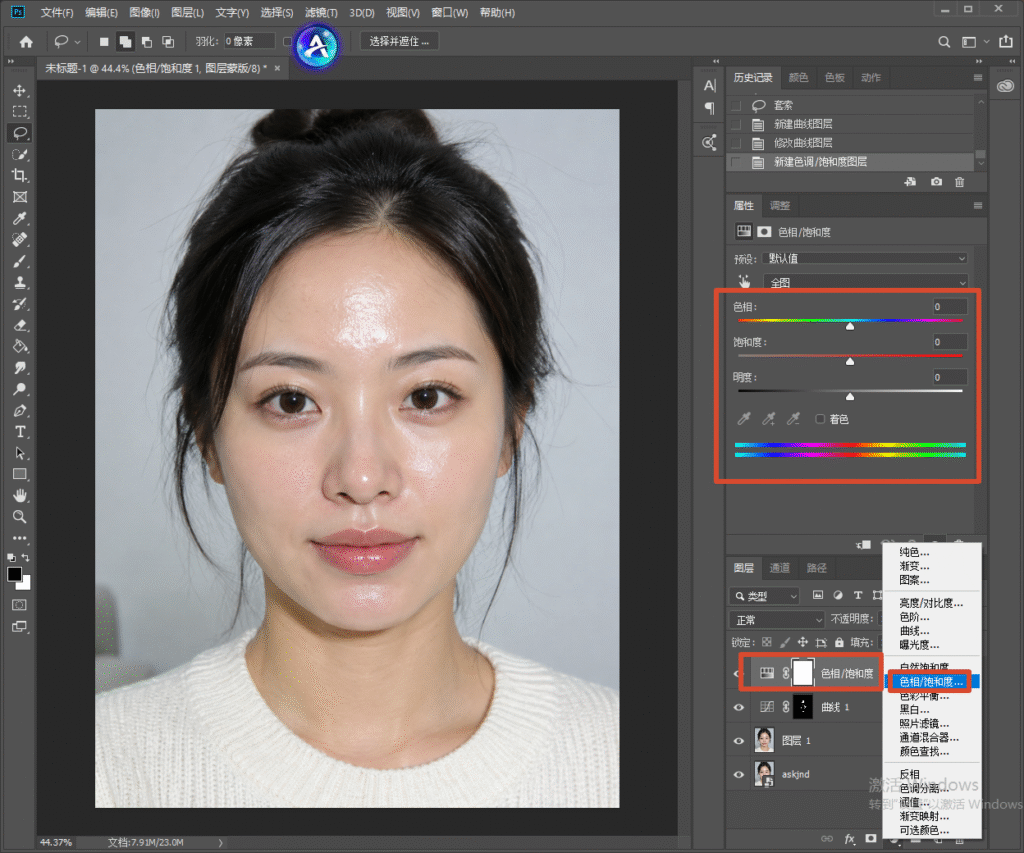 Photoshop 软件操作界面截图,新建色相 / 饱和度调整图层,打开色相饱和度参数面板,用于微调肤色,让去油光后的皮肤色调更自然。